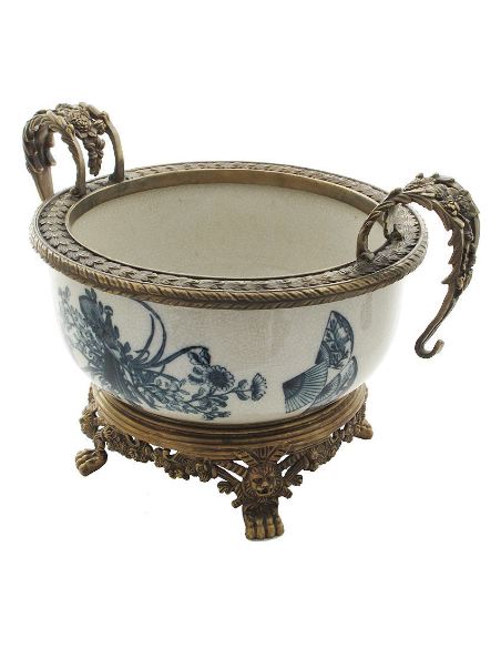 Centre de table en porcelaine: Centre rond 2 anses 35cm avec bronze -Abanico