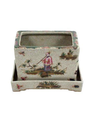 Macetero de porcelana. Macetero rectangular con bandeja 15cm -Confucio
