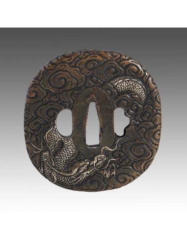 Sculpture en bronze: Tsuba de katana 7x7,5 en bronze -dragon