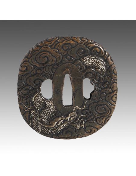 Sculpture en bronze: Tsuba de katana 7x7,5 en bronze -dragon