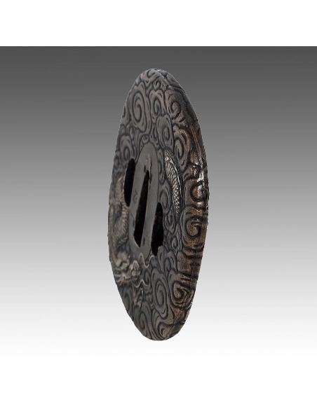 Sculpture en bronze: Tsuba de katana 7x7,5 en bronze -dragon