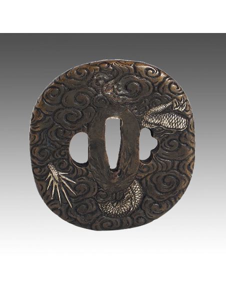Sculpture en bronze: Tsuba de katana 7x7,5 en bronze -dragon