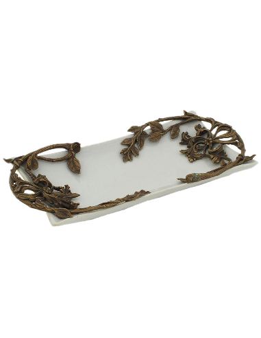 Plat en porcelaine: Plat forme demi-canne 26cm avec bronze -Blanco