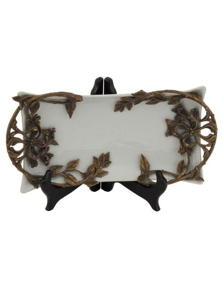 Plat en porcelaine: Plat forme demi-canne 26cm avec bronze -Blanco