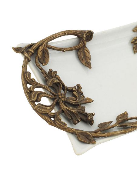 Plat en porcelaine: Plat forme demi-canne 26cm avec bronze -Blanco