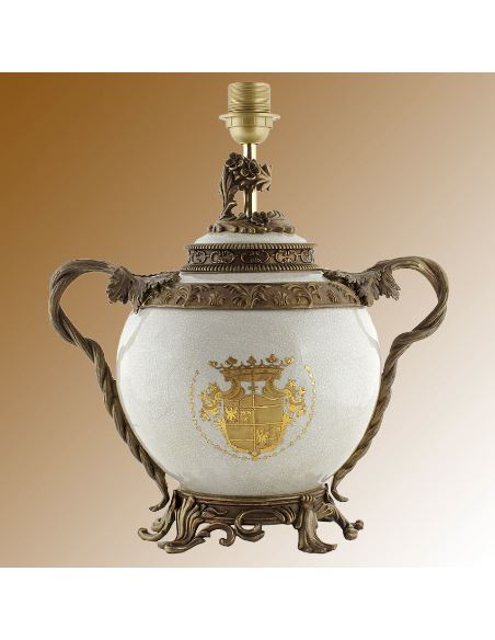 Pied de lampe en porcelaine: Pied de lampe boule 2 anses 33cm a/bronze -Infanta