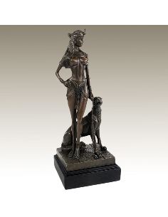 Sculpture en bronze: Femme égyptienne avec chien -Patine brune