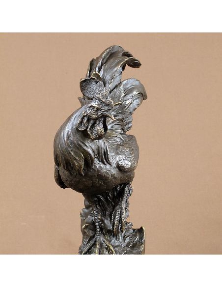 Sculpture en bronze: Coq gaulois 25cm -Patine brune 