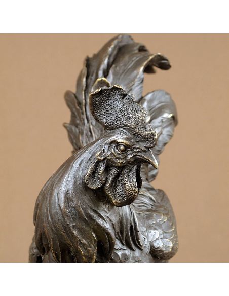 Sculpture en bronze: Coq gaulois 25cm -Patine brune 