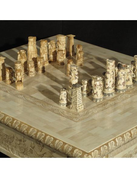 Sculpture sur os: Table jeu d'échecs 77,5cm 2 tiroirs avec 32 pièces