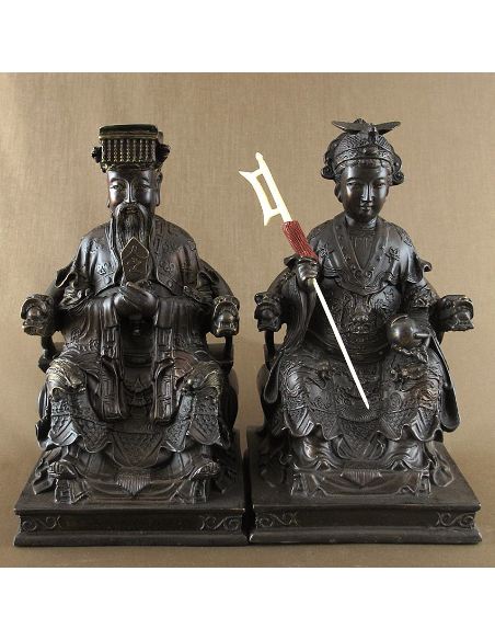 Sculpture en bronze: Empereur & impératrice dynastie Qing -Patine brune