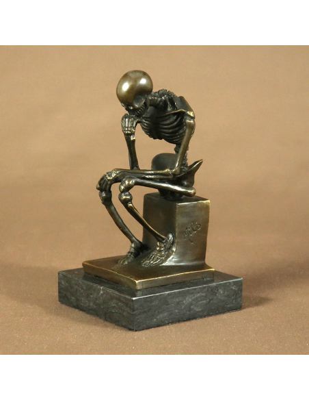 Sculpture en bronze: Squelette assis "Le penseur" -Patine brune