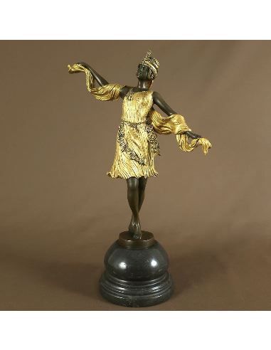 Sculpture en bronze: Femme Art déco "Danseuse au foulard" -Patine dorée